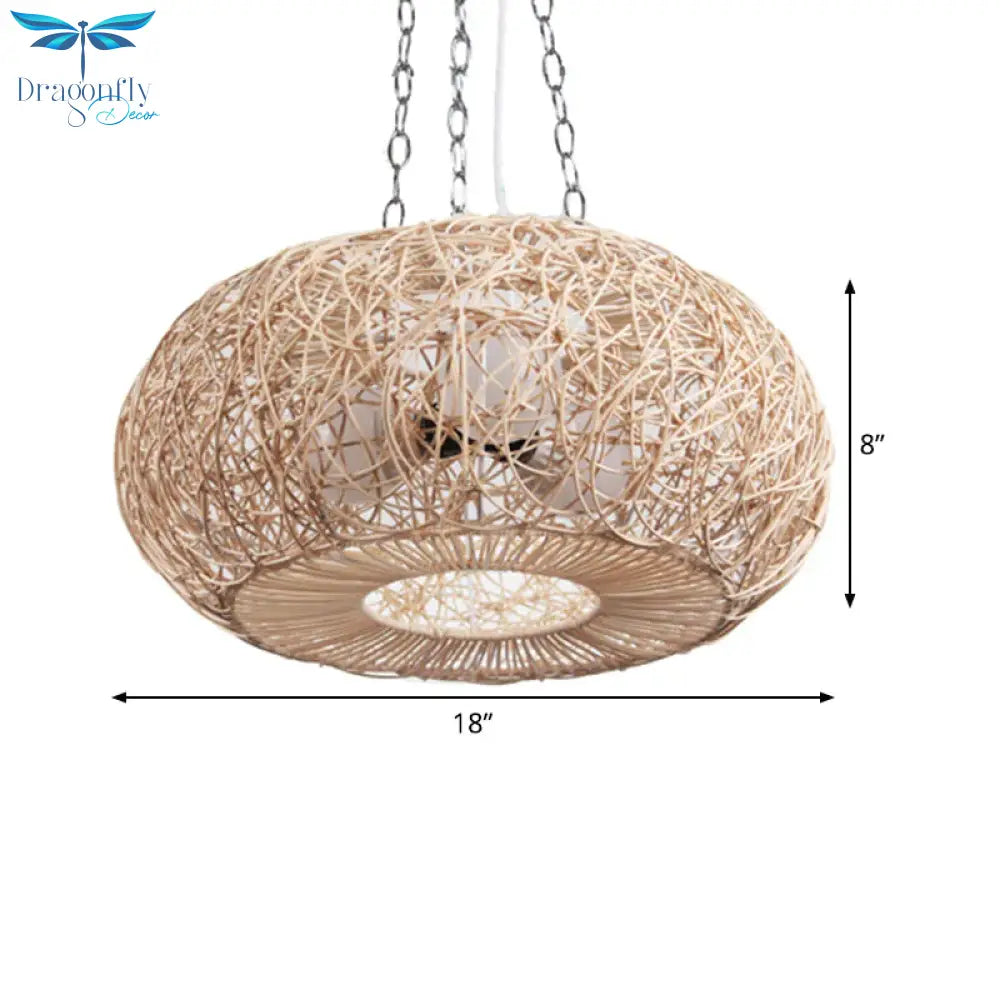 Lantern Chandelier Lighting Japanese Bamboo 3 Bulbs Beige Pendant Fixture