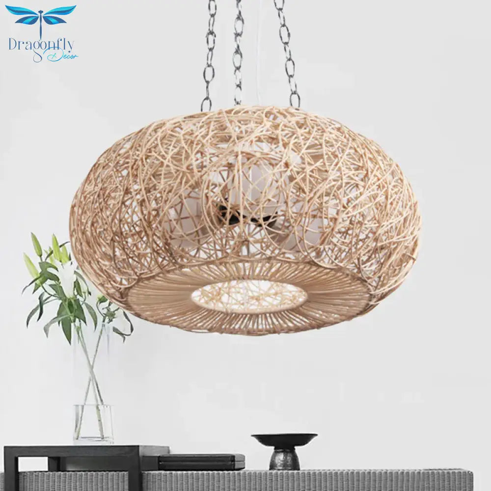Lantern Chandelier Lighting Japanese Bamboo 3 Bulbs Beige Pendant Fixture