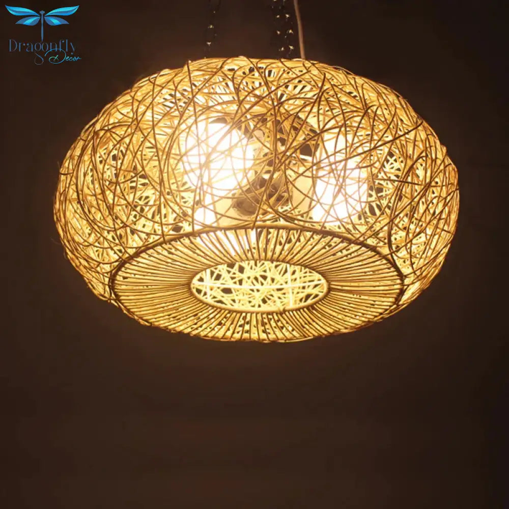 Lantern Chandelier Lighting Japanese Bamboo 3 Bulbs Beige Pendant Fixture