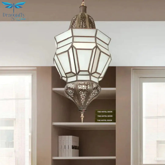 Lantern Corridor Chandelier Mediterranean Style White Frosted Glass 3 - Bulb Brass Hanging Light Kit