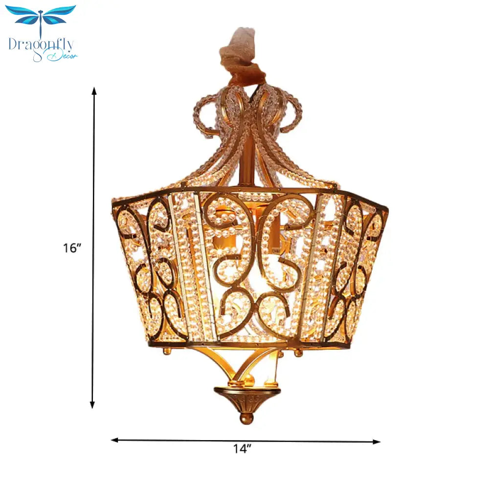 Lantern Crystal Chandelier Lighting Rustic 2 Lights Bedroom Pendant In Gold