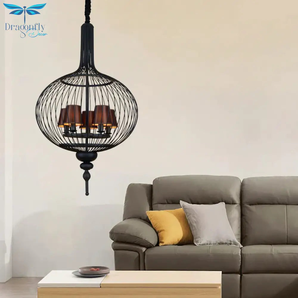 Lantern Iron Chandelier Pendant 23.5’/27.5’ W Traditional 5 Head Black Ceiling Lamp With Brown