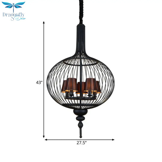 Lantern Iron Chandelier Pendant 23.5’/27.5’ W Traditional 5 Head Black Ceiling Lamp With Brown