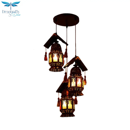 Lantern Metallic Chandelier Lamp Decorative 3 Heads Living Room Hanging Light Fixture In Bronze