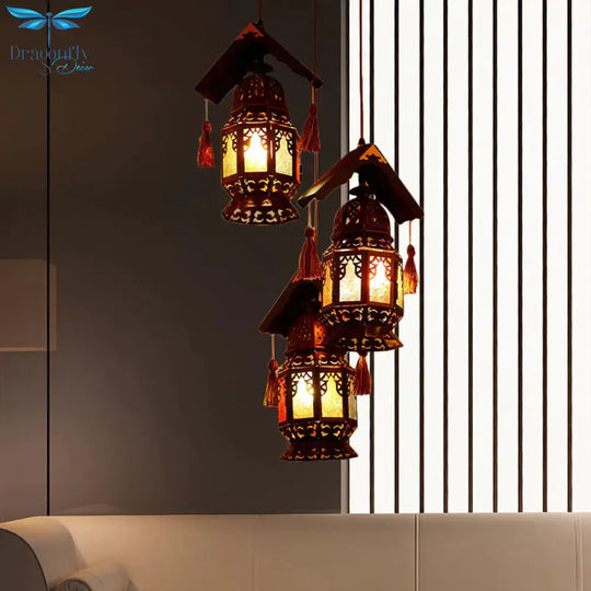 Lantern Metallic Chandelier Lamp Decorative 3 Heads Living Room Hanging Light Fixture In Bronze