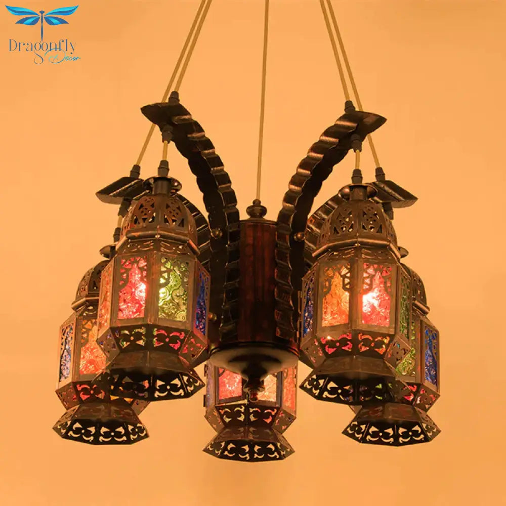 Lantern Metallic Chandelier Pendant Lamp Vintage 5 Bulbs Restaurant Hanging Light Fixture In Copper