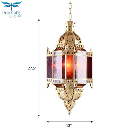 Lantern Red Glass Suspension Pendant Arab 3 Heads Living Room Chandelier In Brass With Hollow - Out