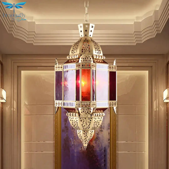 Lantern Red Glass Suspension Pendant Arab 3 Heads Living Room Chandelier In Brass With Hollow - Out