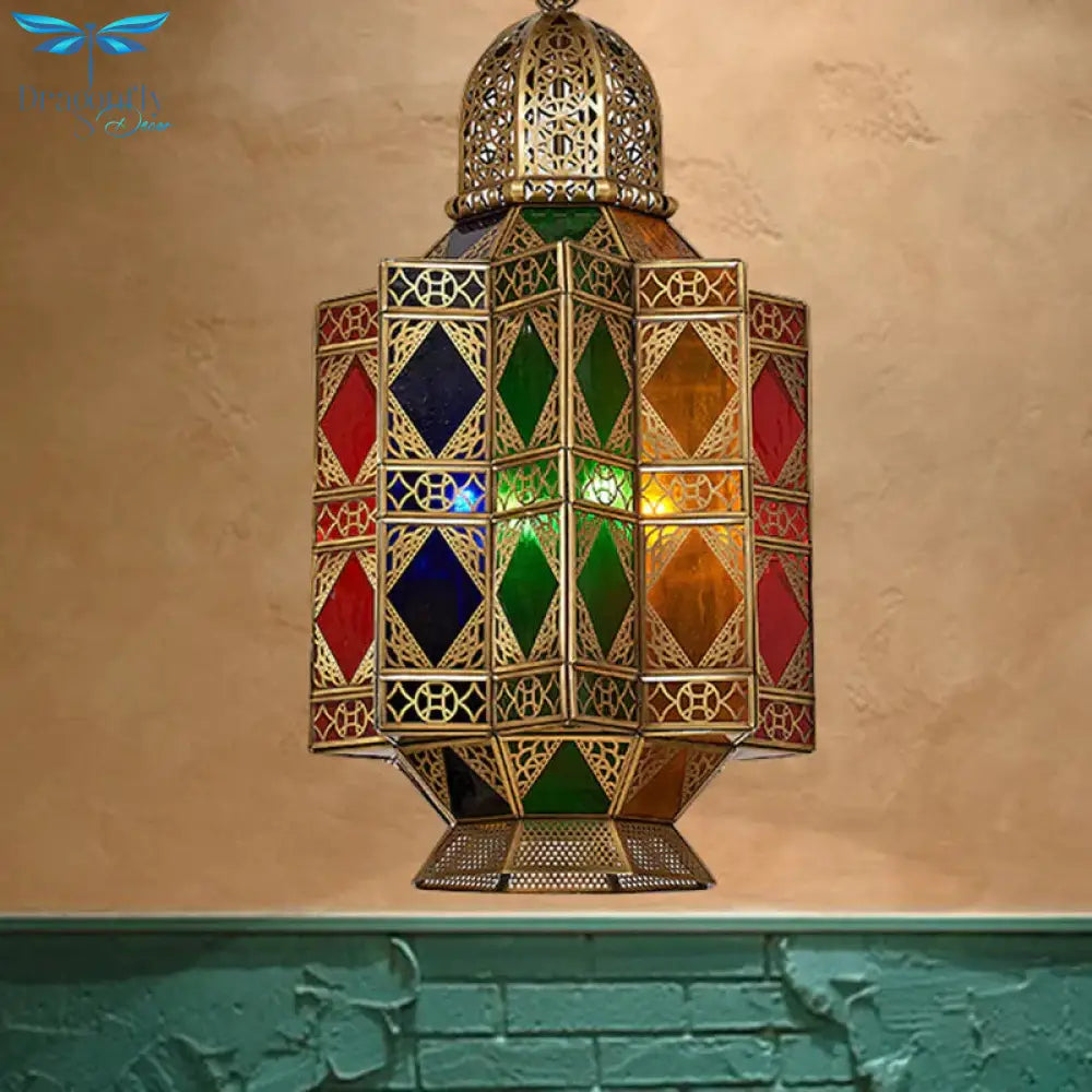 Lantern Stained Glass Hanging Light Fixture Art Deco 3 Bulbs Corridor Pendant Chandelier In Brass