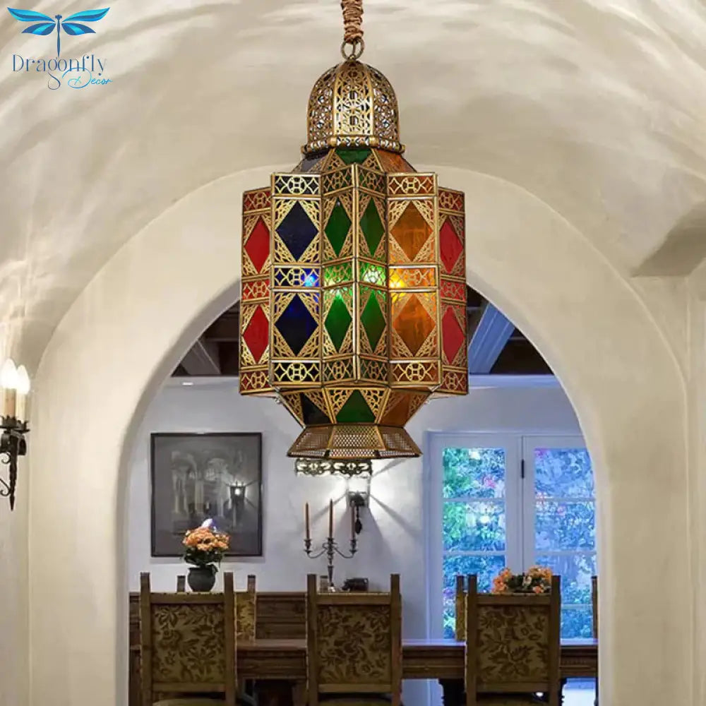 Lantern Stained Glass Hanging Light Fixture Art Deco 3 Bulbs Corridor Pendant Chandelier In Brass