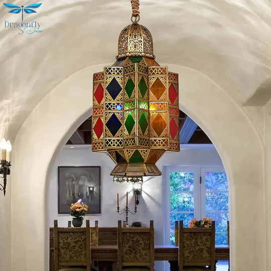 Lantern Stained Glass Hanging Light Fixture Art Deco 3 Bulbs Corridor Pendant Chandelier In Brass