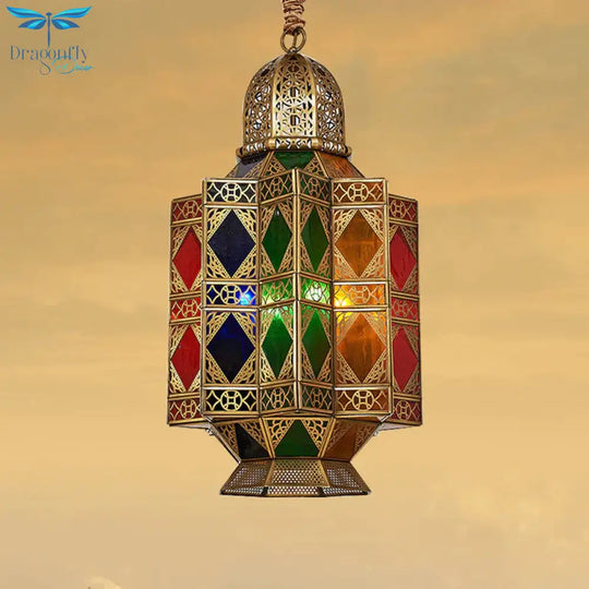Lantern Stained Glass Hanging Light Fixture Art Deco 3 Bulbs Corridor Pendant Chandelier In Brass