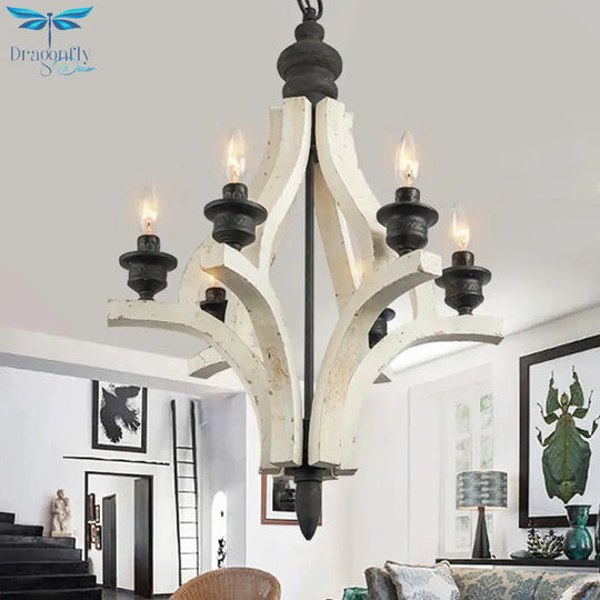 Laser - Cut Chandelier Lamp Nordic Wood 4 Heads White Pendant Lighting Fixture With Adjustable Chain