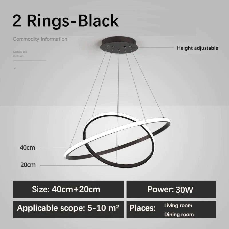 Laya - Minimalist Led Ring Pendant Light 2 Rings - Black / Ac80 - 265V Brightness Dimmable