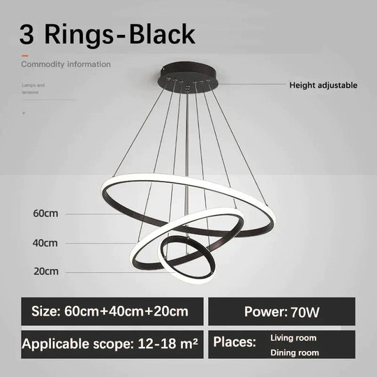 Laya - Minimalist Led Ring Pendant Light 3 Rings - Black / Ac80 - 265V Brightness Dimmable
