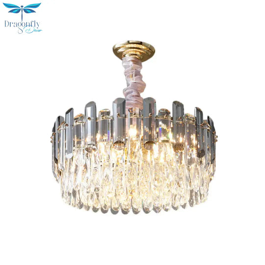 Layered Drum Crystal Chandelier Contemporary 5 - Light Dining Room Ceiling Suspension Lamp In Gold