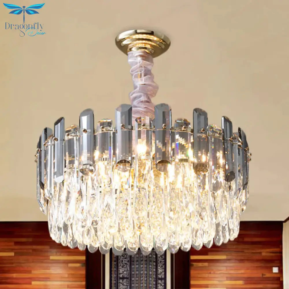 Layered Drum Crystal Chandelier Contemporary 5 - Light Dining Room Ceiling Suspension Lamp In Gold