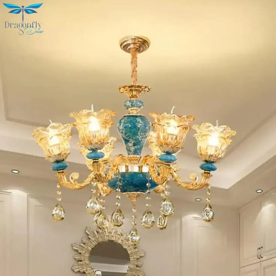 Layered Flower Amber Glass Chandelier Traditional 6 Lights Bedroom Ceiling Suspension Lamp In Blue