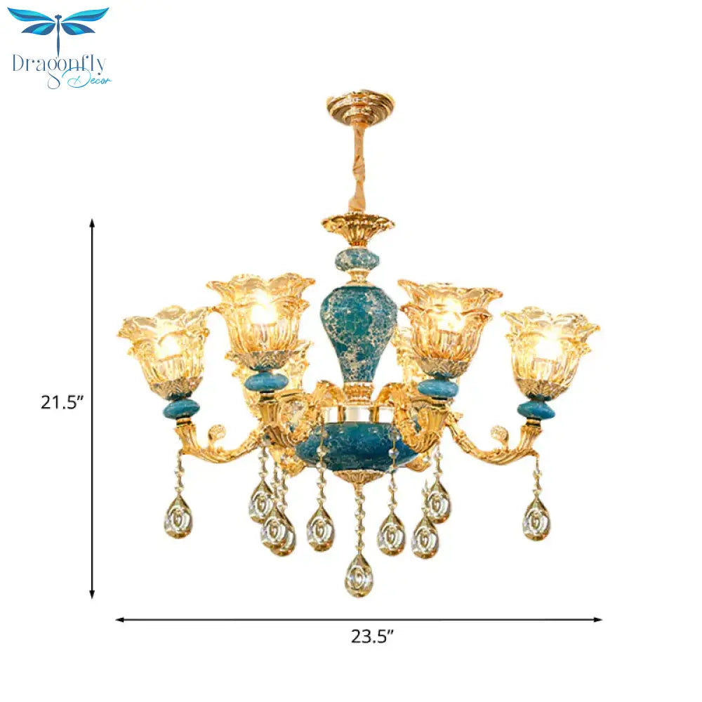 Layered Flower Amber Glass Chandelier Traditional 6 Lights Bedroom Ceiling Suspension Lamp In Blue