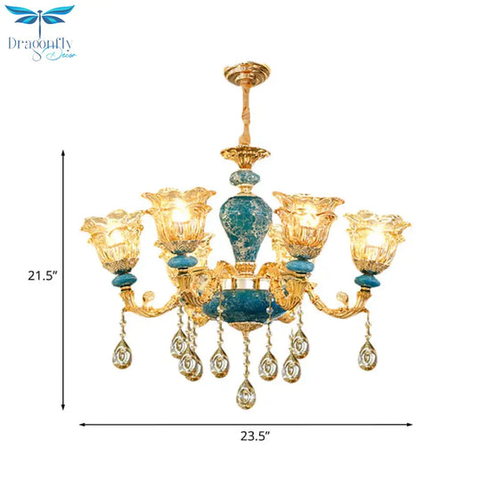 Layered Flower Amber Glass Chandelier Traditional 6 Lights Bedroom Ceiling Suspension Lamp In Blue