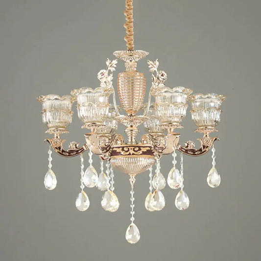 Layered Ruffle Ribbed Glass Drop Pendant 6 Bulbs Bedroom Chandelier Lighting In Gold With Dangling