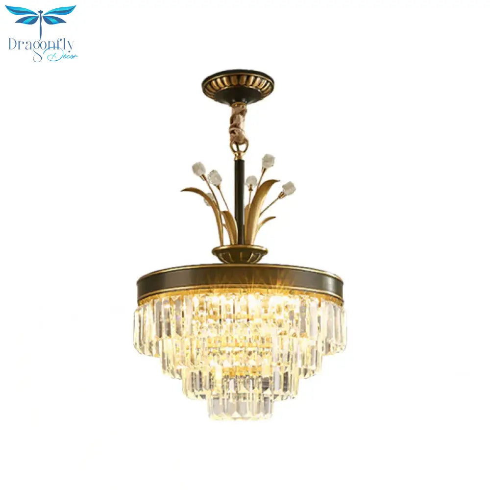 Led Clear Crystal Chandelier Light Classic Gold Layered Dining Room Hanging Pendant Lamp