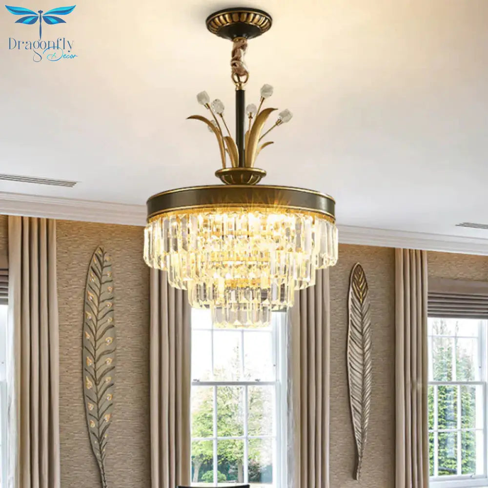 Led Clear Crystal Chandelier Light Classic Gold Layered Dining Room Hanging Pendant Lamp