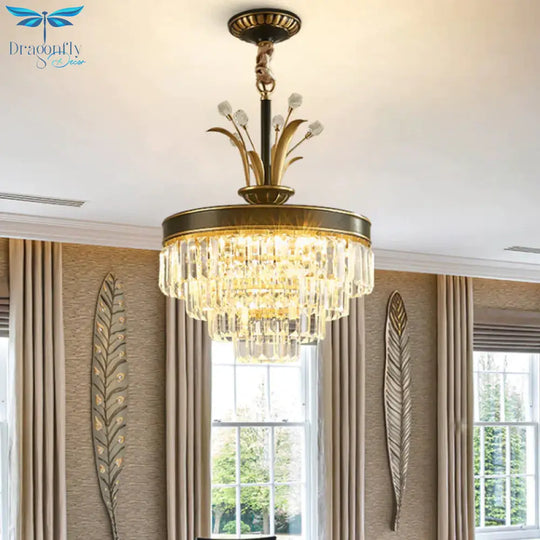 Led Clear Crystal Chandelier Light Classic Gold Layered Dining Room Hanging Pendant Lamp