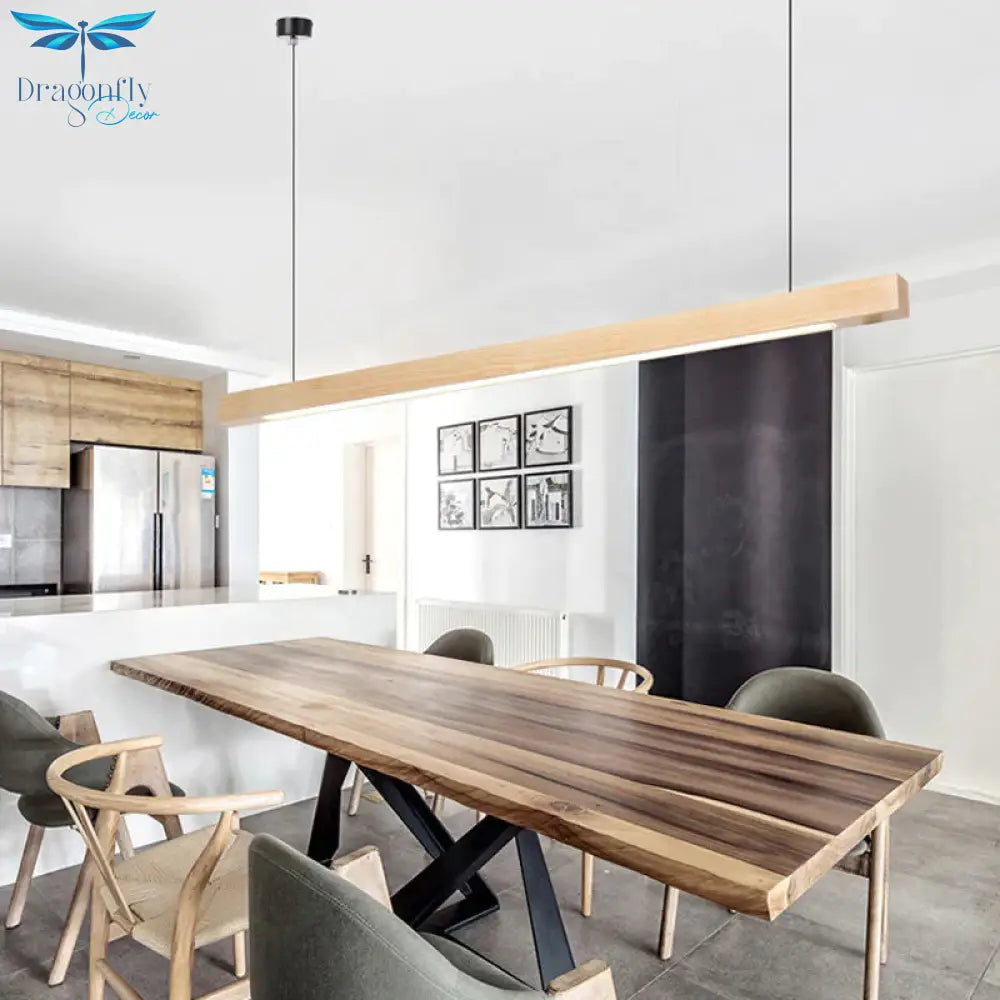 Led Dining Room Chandelier Lamp Modernism Beige Suspension Light With Rectangle Wood Shade