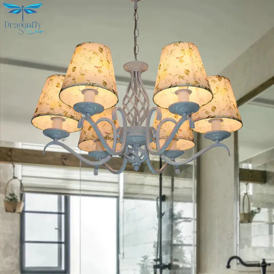 Light Blue 6 Heads Chandelier Traditionalism Fabric Conical Led Suspended Lighting Fixture