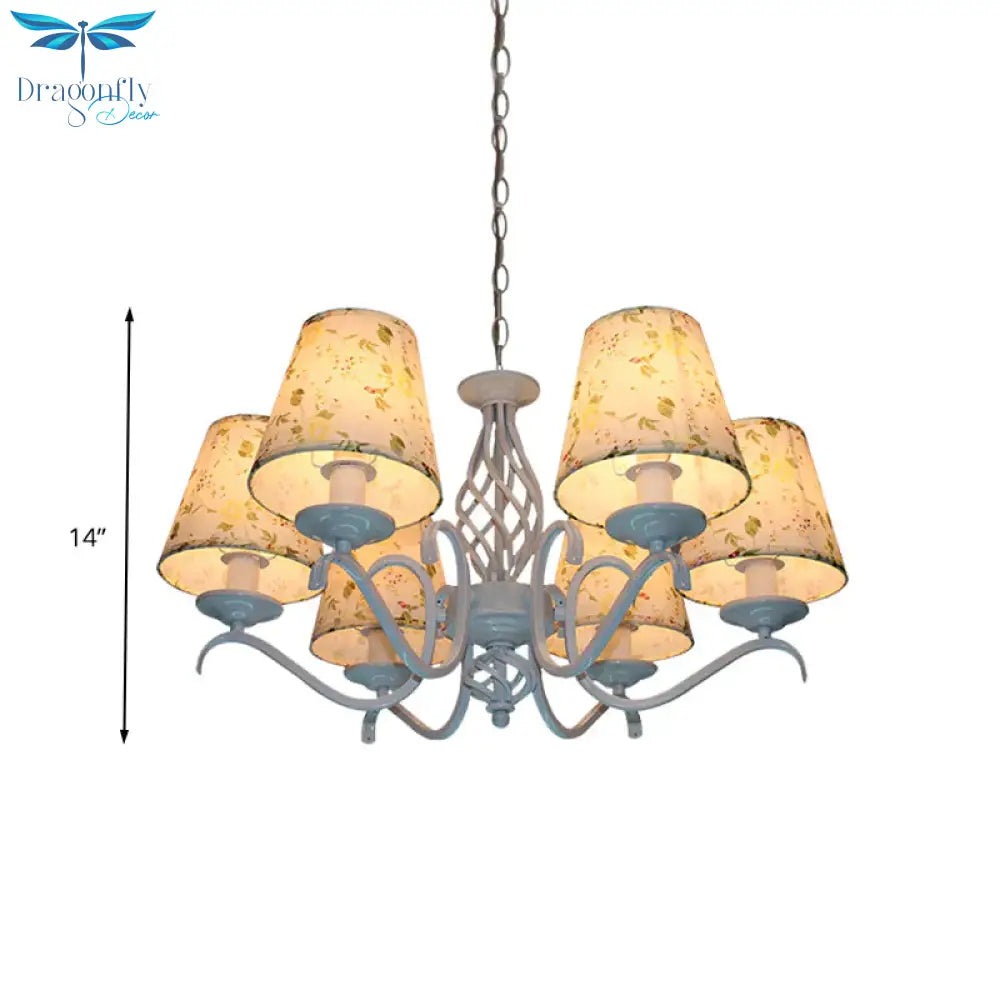 Light Blue 6 Heads Chandelier Traditionalism Fabric Conical Led Suspended Lighting Fixture