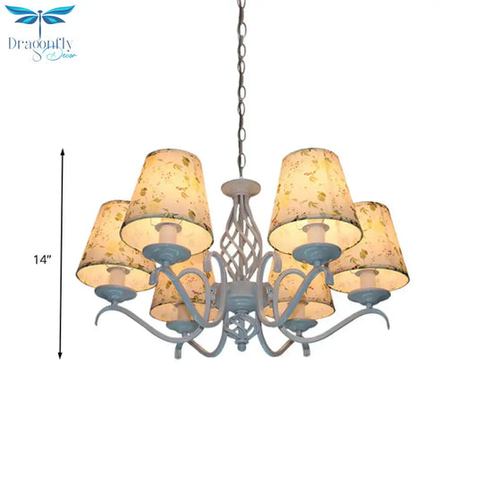 Light Blue 6 Heads Chandelier Traditionalism Fabric Conical Led Suspended Lighting Fixture