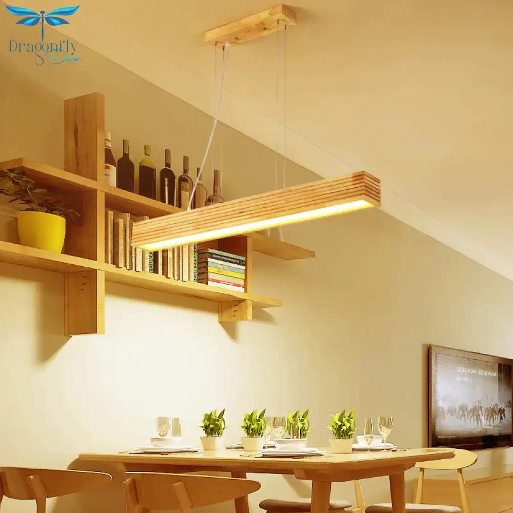 Linear Hanging Lamp Kit Contemporary Wood Led Beige Chandelier Light In White/Natural