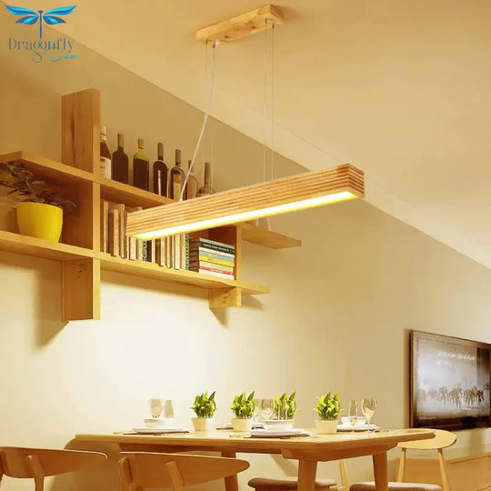 Linear Hanging Lamp Kit Contemporary Wood Led Beige Chandelier Light In White/Natural