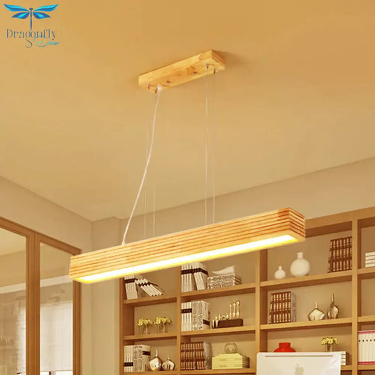 Linear Hanging Lamp Kit Contemporary Wood Led Beige Chandelier Light In White/Natural