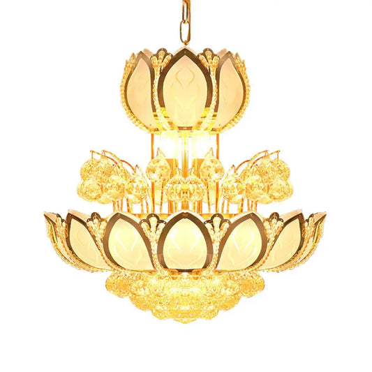 Lotus Blossom Restaurant Chandelier Modern Crystal 8 Heads Gold Finish Hanging Pendant Light