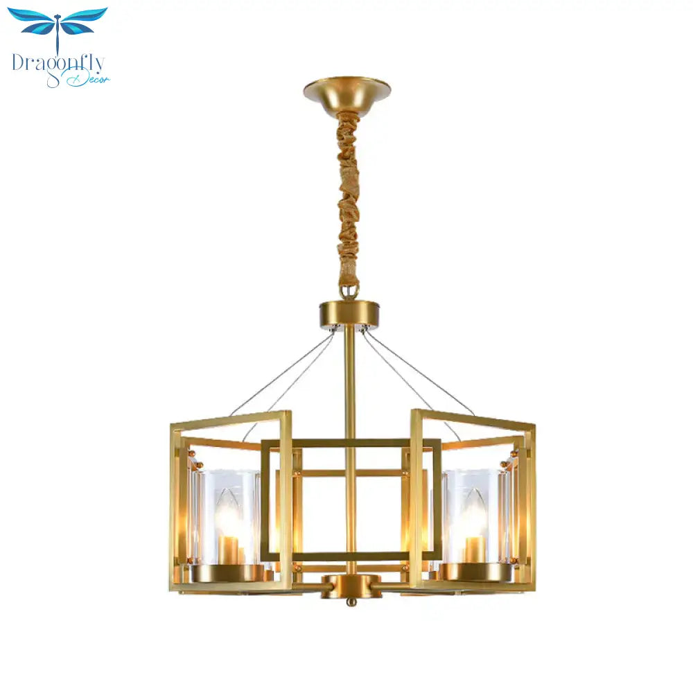 Luxury Cylinder Chandelier Pendant Light 4/6 - Head Clear Glass Hanging Lamp In Gold With Rectangle