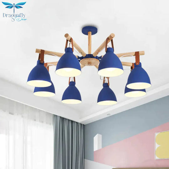 Macaron Bursting Wood Chandelier 3/6/8 Heads Ceiling Hanging Light In White/Blue With Bowl Shade