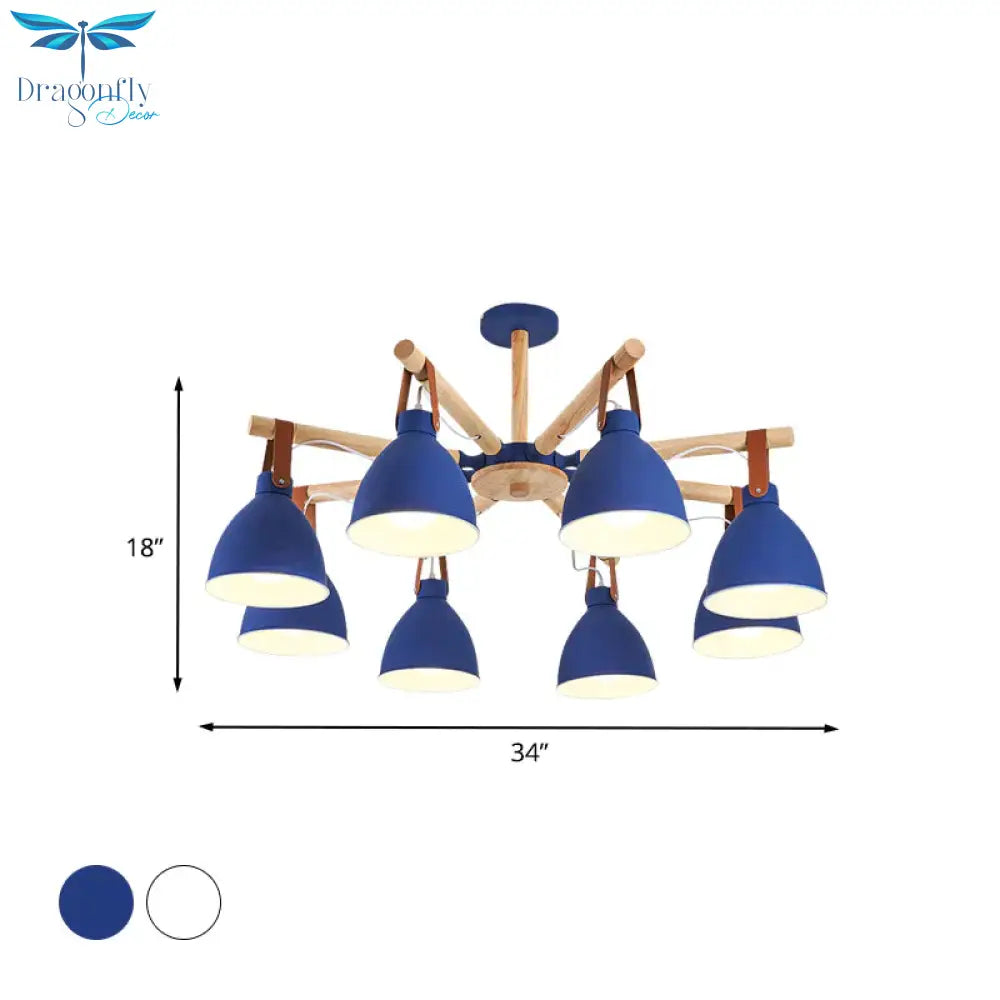 Macaron Bursting Wood Chandelier 3/6/8 Heads Ceiling Hanging Light In White/Blue With Bowl Shade
