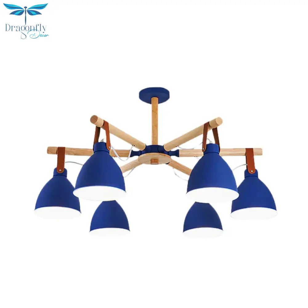 Macaron Bursting Wood Chandelier 3/6/8 Heads Ceiling Hanging Light In White/Blue With Bowl Shade