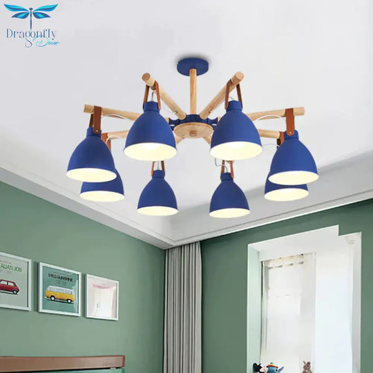 Macaron Bursting Wood Chandelier 3/6/8 Heads Ceiling Hanging Light In White/Blue With Bowl Shade