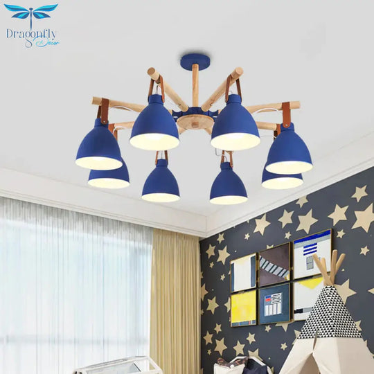 Macaron Bursting Wood Chandelier 3/6/8 Heads Ceiling Hanging Light In White/Blue With Bowl Shade