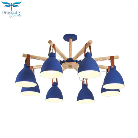 Macaron Bursting Wood Chandelier 3/6/8 Heads Ceiling Hanging Light In White/Blue With Bowl Shade