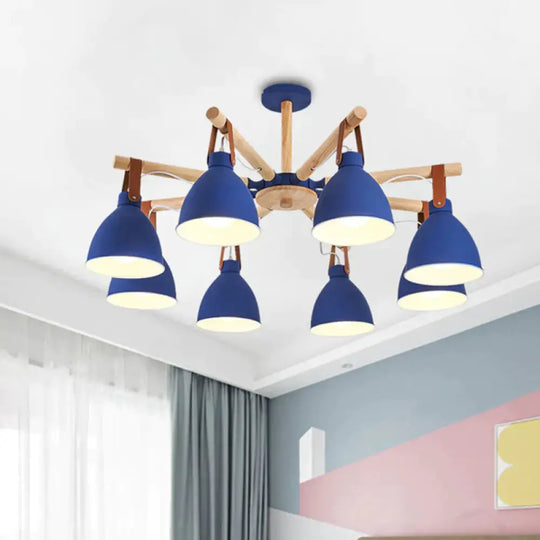 Macaron Bursting Wood Chandelier 3/6/8 Heads Ceiling Hanging Light In White/Blue With Bowl Shade