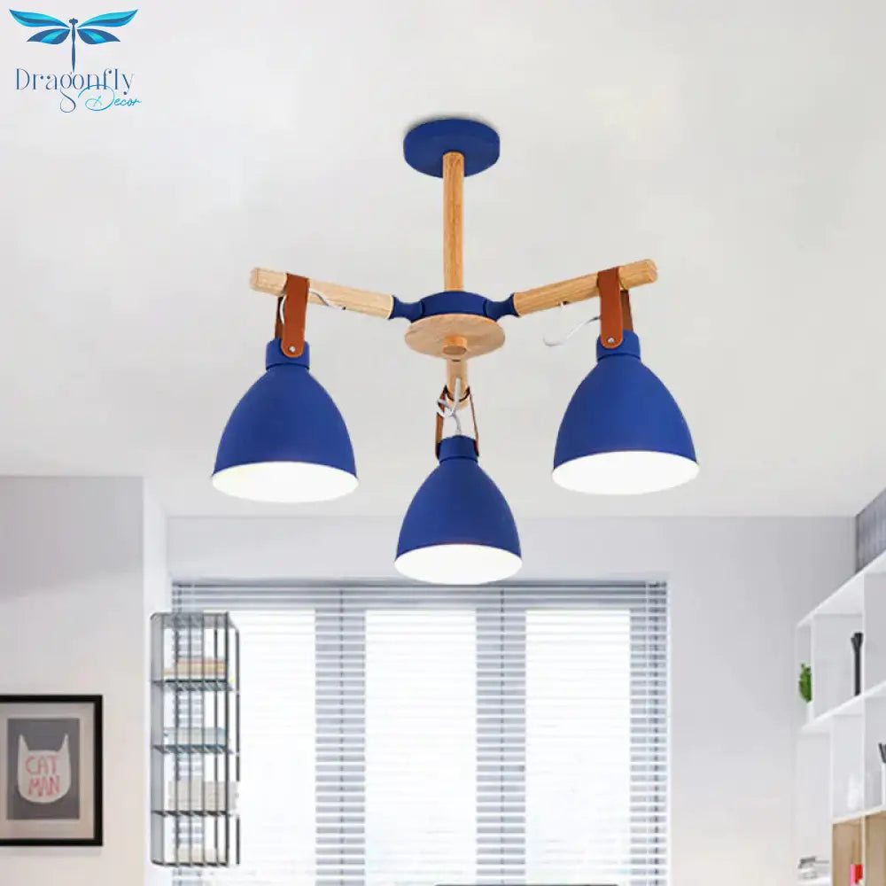 Macaron Bursting Wood Chandelier 3/6/8 Heads Ceiling Hanging Light In White/Blue With Bowl Shade