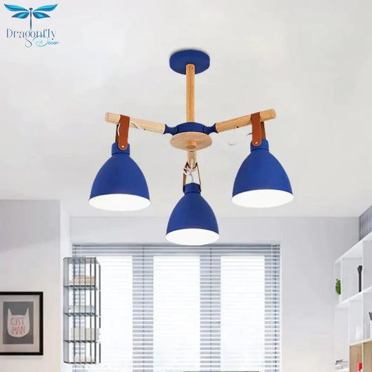 Macaron Bursting Wood Chandelier 3/6/8 Heads Ceiling Hanging Light In White/Blue With Bowl Shade