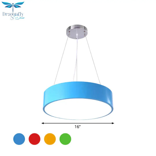 Macaron Drum Shaped Pendant Light Metal Nursery School Led Hanging Fixture In Red/Yellow/Green