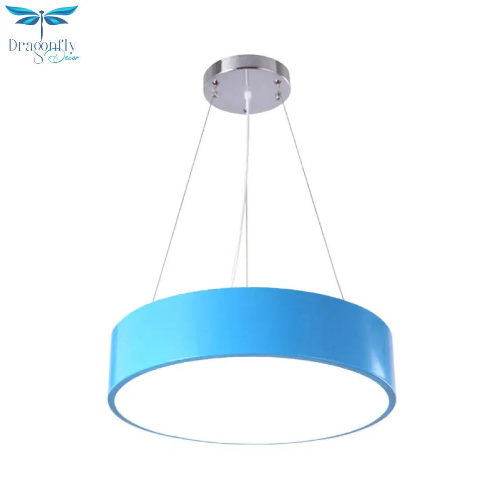 Macaron Drum Shaped Pendant Light Metal Nursery School Led Hanging Fixture In Red/Yellow/Green