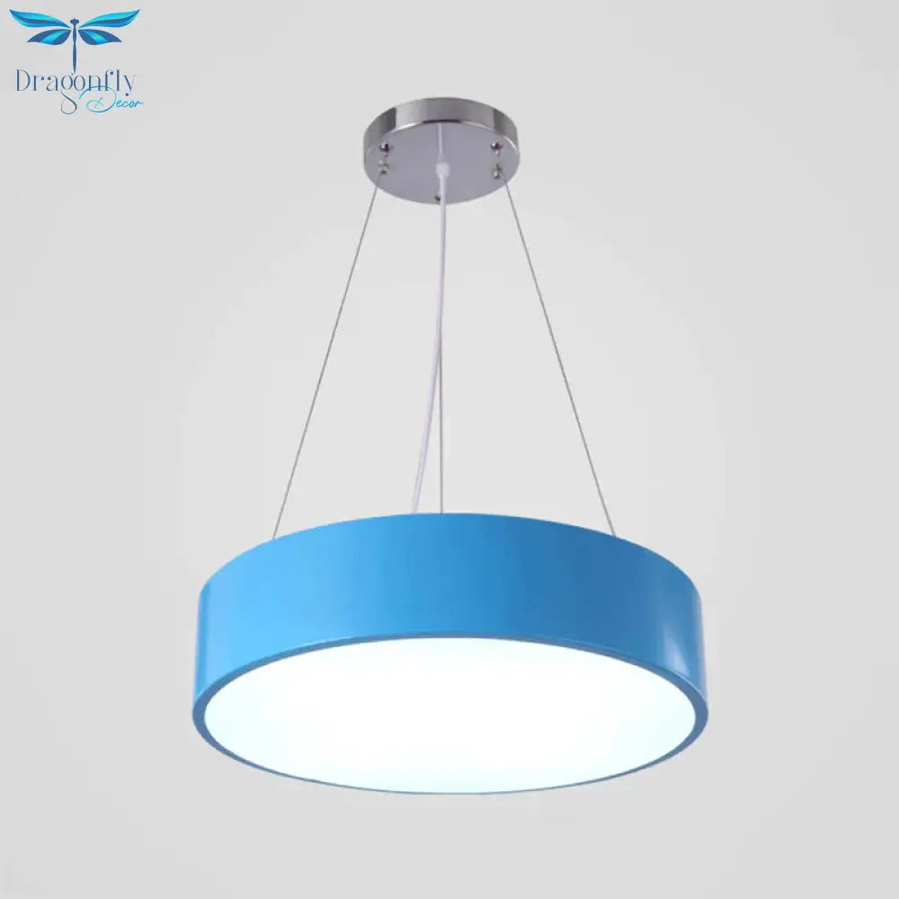 Macaron Drum Shaped Pendant Light Metal Nursery School Led Hanging Fixture In Red/Yellow/Green