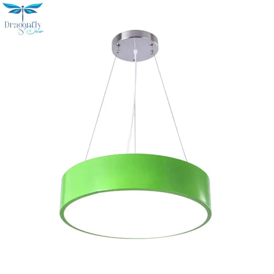 Macaron Drum Shaped Pendant Light Metal Nursery School Led Hanging Fixture In Red/Yellow/Green